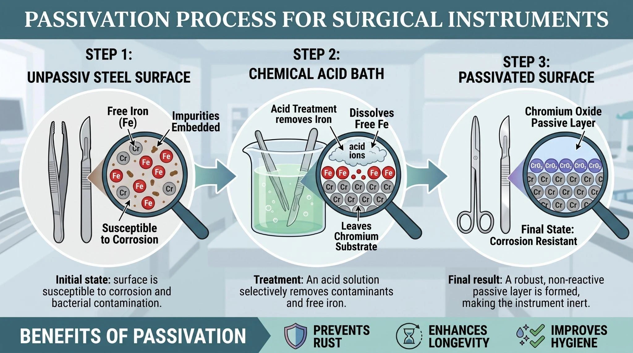 Infografía del proceso de pasivación química de instrumentos quirúrgicos